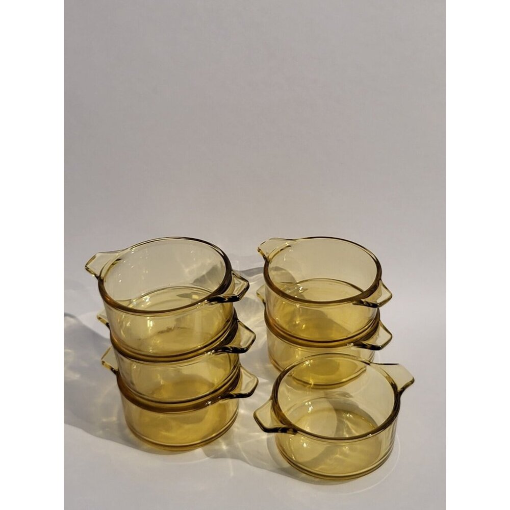 LOT OF 6 Vintage Amber Yellow Dynaware Pyr-O-Rey Small Casserole Dishes Bowls
